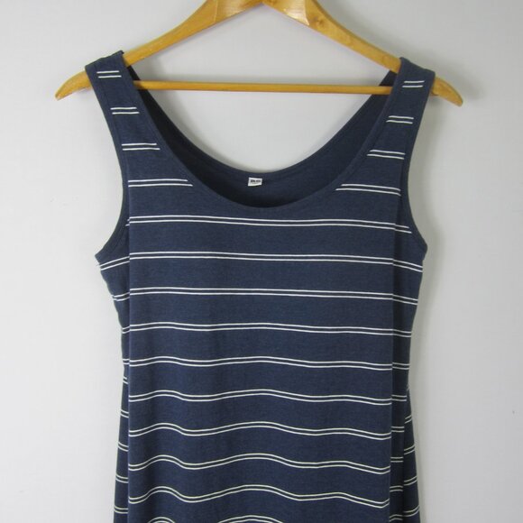 Uniqlo Womens L Navy Blue White Sleeveless Knit Maxi Dress Cotton Modal Nautical - Picture 3 of 9